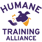 A purple silhouette of a human hand and dog. The hand is offering orange bone-shaped treats, and the dog is wearing an orange handkerchief. Purple text above reads "Humane" and below "Training Alliance". This is the official emblem of the national positive dog training alliance Humane Training Alliance. Certified dog trainer Clinton specializes in loose leash train, puppies, reactivity, and more.